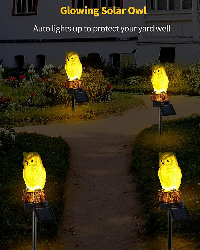 iStatue 4PC Solar Owl Garden Stake Lights Gifts for Women Mom Dad Mother's Day Realistic Resin Owl Outdoor Garden Decor, Warm Glow LED for Lawn Yard Pathway (4-Pack, Owl)