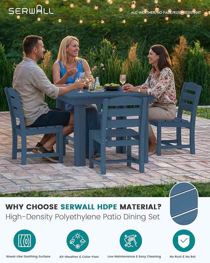 SERWALL Outdoor Dining Set for 4, HDPE Square Table and Chairs Set All Weather Patio Dining Set with 4 Armless Chairs for Patio, Blue