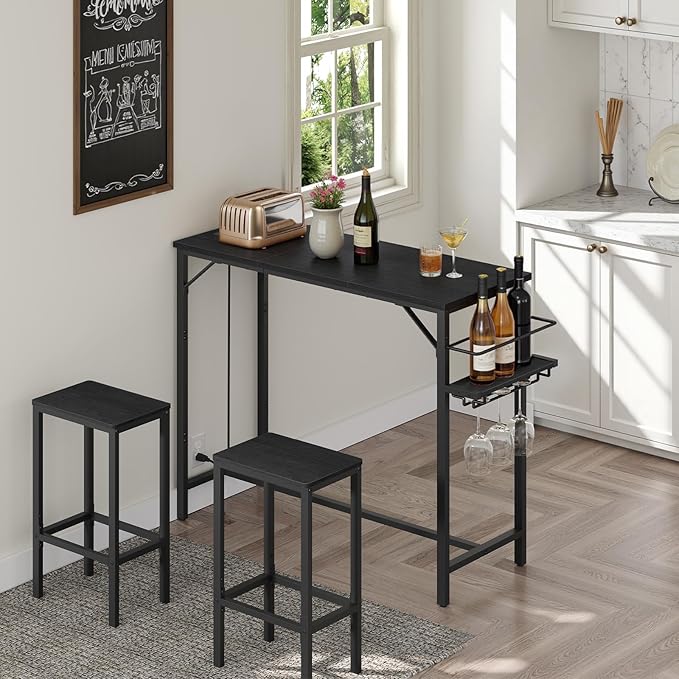 Bar Table, 35.4-Inch Counter Height Pub Table with Charging Station, Rectangular Dining Table with Wine Rack and Glass Holder, High Top Cocktail Tables, for Kitchen, Black（Only Table）