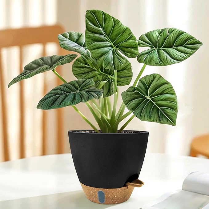 12/10/9/8 inch Self Watering Pots with Visual Water Window, Extra Large Self Watering Plant Pot with Drainage Holes and Saucers, Black Flower Pots for Indoor Plants