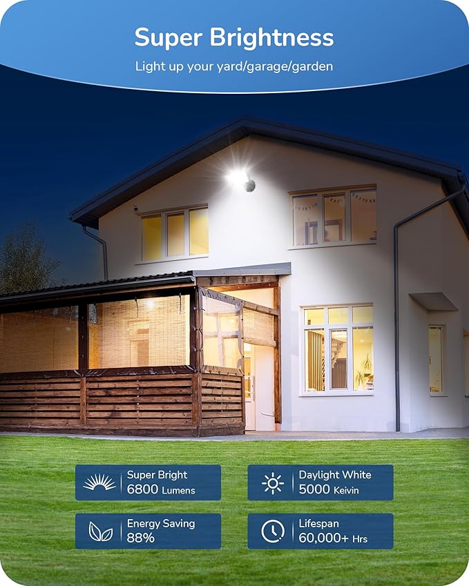 EDISHINE 2 Pack 6800LM LED Flood Lights Outdoor with Knuckle Mount, 46W Super Bright Security Lights, 5000K, IP65 Waterproof Security Flood Light for Garage, Backyard, Garden, Porch, Stair, Pool