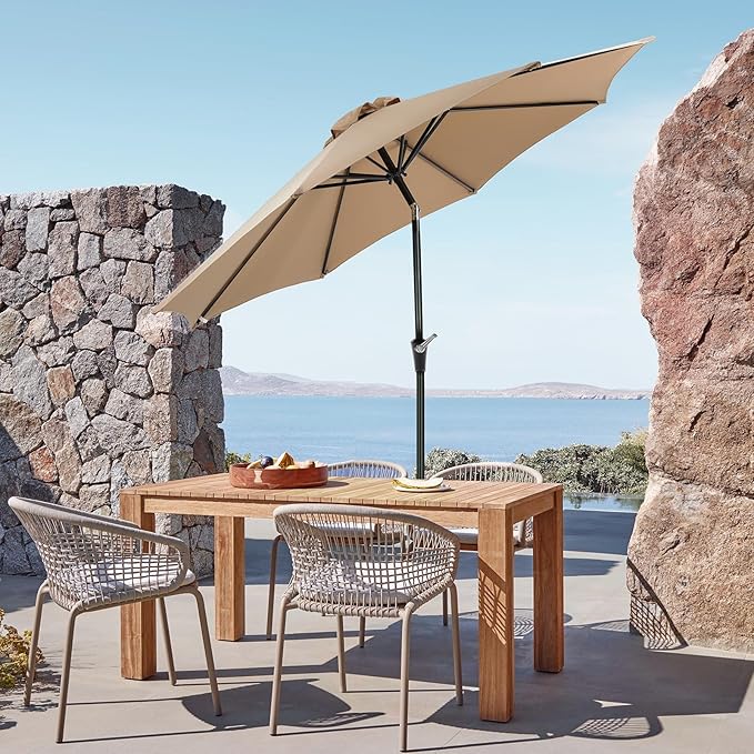 OLIXIS 9ft Patio Umbrella with Tilt and Crank Button & 8 Sturdy Ribs Waterproof, Patio Table Umbrella Perfect for Poolside, Terrace, Beach and Outdoor Restaurant, Khaki