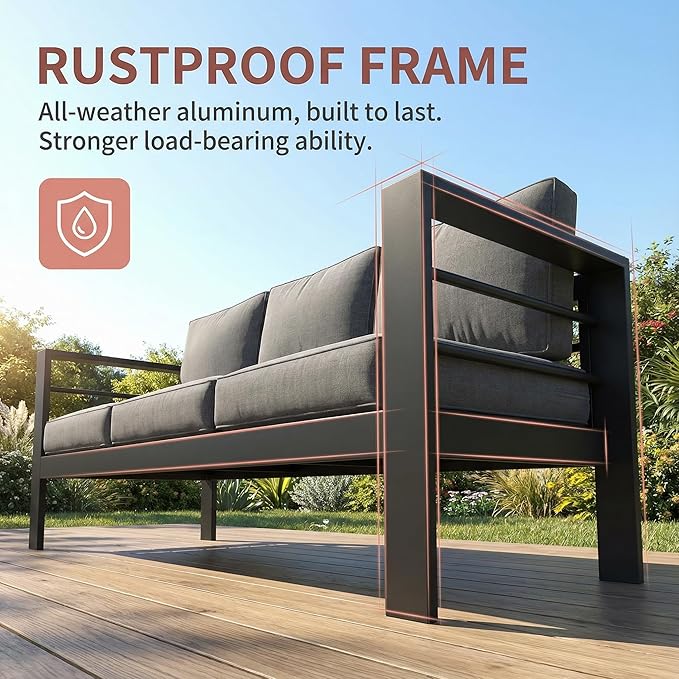 Kiss the Water Outdoor Couch Aluminum Patio Furniture Sofa, 3 Seat All-Weather Metal Patio Couch with 5" Thick and Soft Cushion and Wide Arm, Outdoor Sofa for Balcony, Porch