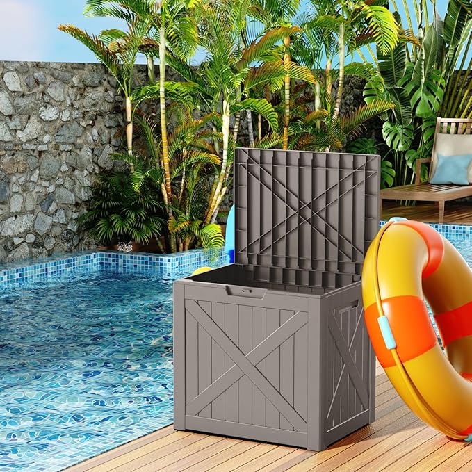 32 Gallon Outdoor Deck Box, Lockable Waterproof Outdoor Storage Boxes For Garden Tools,Indoor Cushions,Accessories Outside Storage Resin Weatherproof Container(Grey)
