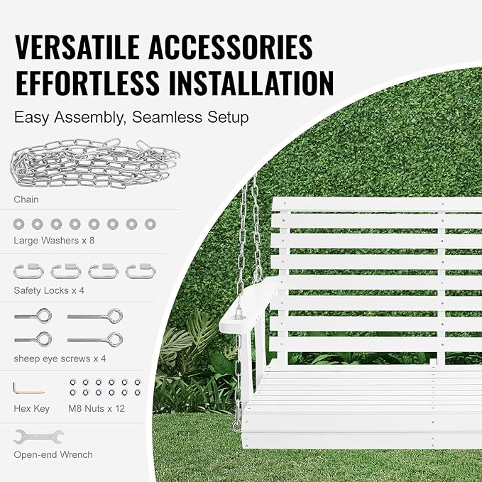 VEVOR Wooden Porch Swing 4 ft, Patio Bench Swing for Courtyard & Garden, Upgraded 880 lbs Strong Load Capacity, Heavy Duty Swing Chair Bench with Hanging Chains for Outdoors, White