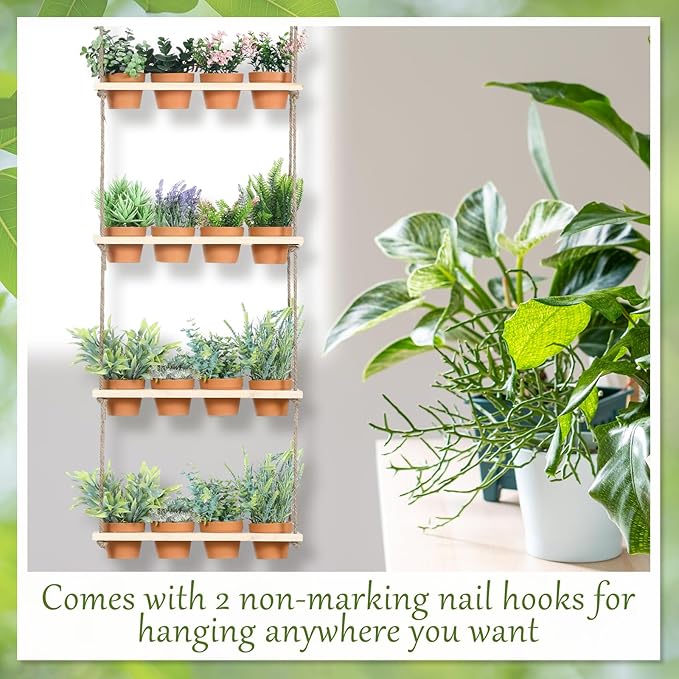 4 Tiered Window Plant Shelves Hanging Herb Planter Indoor Display with 16 Pcs Flower Pots Wood Window Plant Hanger for Grow Herbs Succulents Microgreens Seedling Organization
