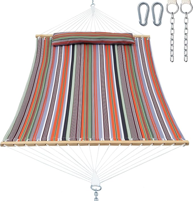 2 Person 12FT Hammocks for Outside, Double Quilted Fabric Outdoor Hammock with Spreader Bar, Large Removable Pillow, Storage Pockets, Carabiners, Max 475 lbs Capacity (Sunset Red Stripe)