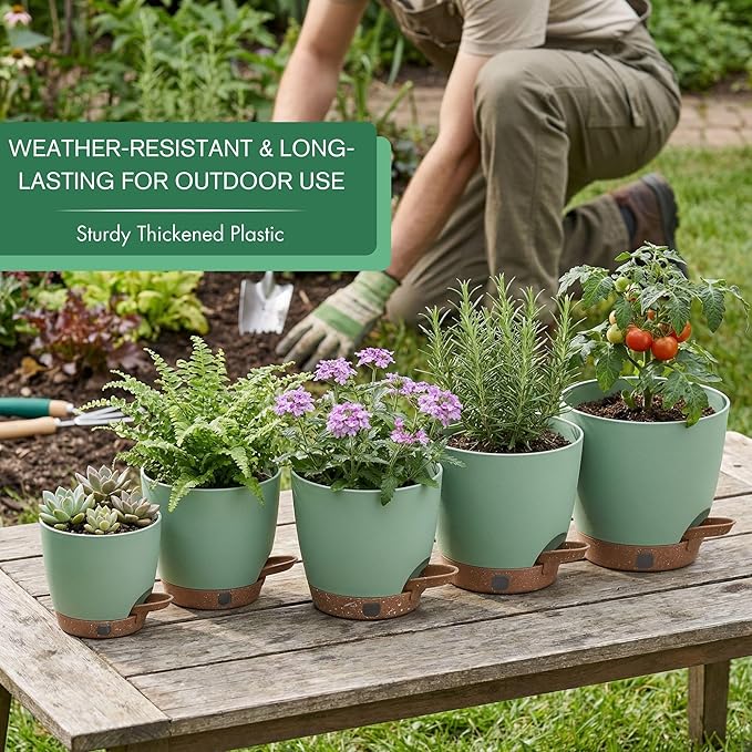montresor 5 Pack Green 5/5.5/6/6.5/7 Inch Self Watering Planters for Outdoor, Plastic Plant Pots with Wick & Drainage, Small to Medium Indoor Pots for Snake Plant, Aloe