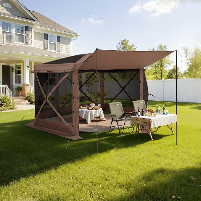 VEVOR Pop up Gazebo Screen Tent, 12 x 12 ft Large 6-Sided Camping Canopy Tent with Removable Top & Carry Bag, Quick-Set & Bite-Proof, Screen House Sun Shelter for 8-10 Persons Backyard Patio, Brown