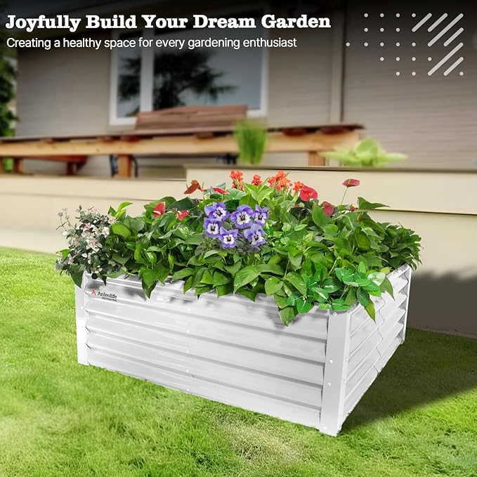 A ANLEOLIFE 4X4X1.5 ft Galvanized Raised Garden Beds Outdoor, Square Metal Planter Box for Planting Vegetables Flowers Herb, Anti-Rust & Easy-Setup, Antique White