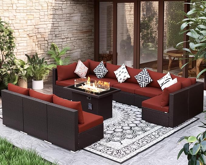 NICESOUL 11 Piece Modern Outdoor Patio Furniture Set with Firepit Propane/Natural Gas, 29.3'' High Back Wicker Conversations, 10 Seater Large Wide Sectional for Outside, Brown Rattan and Red Cushion