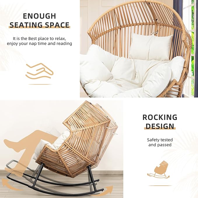 Vongrasig Wicker Rocking Egg Chair PE Rattan with Cushion, Oversized Patio Lounge Rocker Chair for Outdoor, Indoor, Livingroom, Backyard, Garden (Beige)