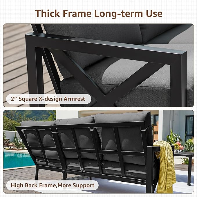 NATURAL EXPRESSIONS 6 Pieces Patio Furniture Sets, Metal Outdoor Sectional Furniture L Shape Patio Conversation Sets,Highback Frame,Metal Table,Large Waterproof Cover, 6.5" Olefin Cushions,Dark Grey