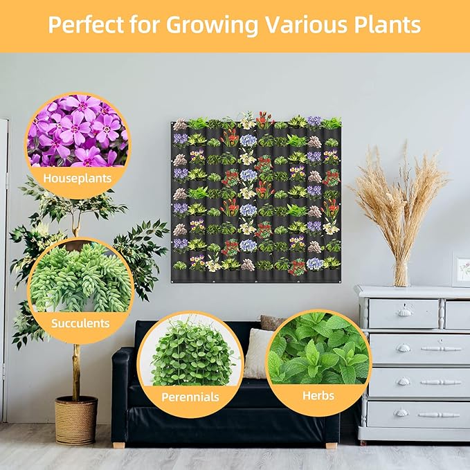 Hanging Planting Grow Bags, 90 Pockets Wall Planter Wall Mounted Grow Bag Outdoor Indoor Gardening Vertical Greening Flower Container, Planting Bags Storage Bags(1.1 m × 1.1 m, Black)