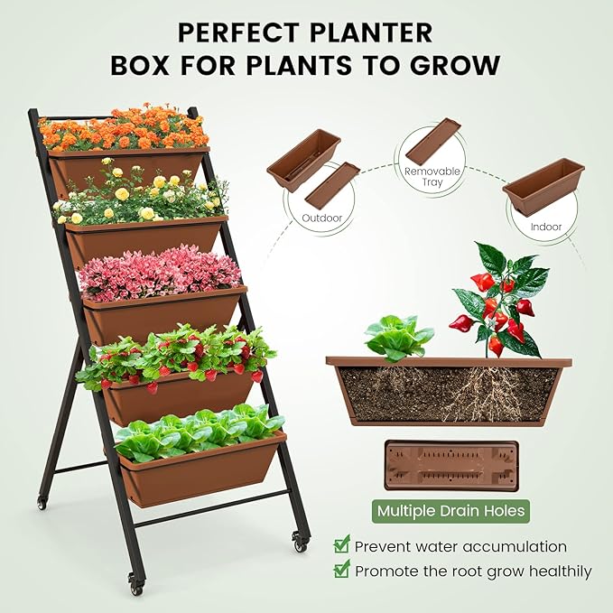 Giantex Vertical Raised Garden Bed on Wheels, 5-Tier Elevated Planter Boxes, Garden Beds with Drain Hole, Freestanding 5 Containers for Herb Vegetables Flowers Growing, Indoor Outdoor Patio Balcony