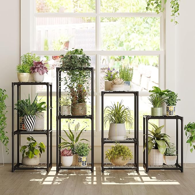 Bamworld Plant Stands Indoor 4 Sets Plant Shelves Outdoor Metal Plant Holder for Multiple Plants Flower Stands Window