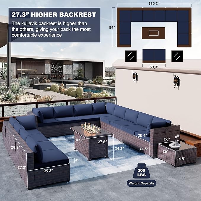 Kullavik 15 Pieces Outdoor Patio Furniture Set with 43" 55000BTU Gas Propane Fire Pit Table PE Wicker Rattan Sectional Sofa Patio Conversation Sets,Navy Blue