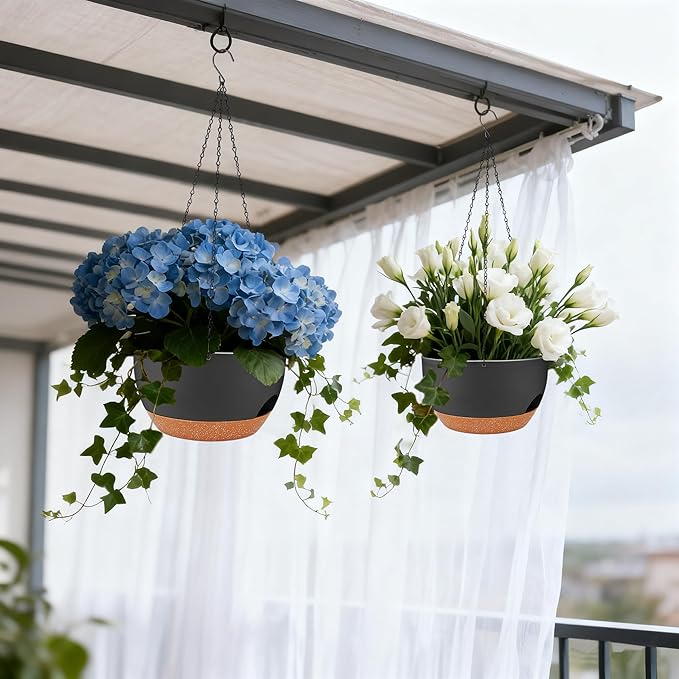 Set of 2-8 Inch Self Watering Hanging Planters for Indoor Outdoor，Hanging Plant Pots with Drainage & Removable Tray, Hanging Pots Holder for Ivy, Pothos, Ferns, Balcony & Patio, Black Brown