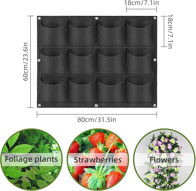 Hanging Planting Grow Bags, 12 Pockets Hanging Vertical Wall Planter Wall Mounted Grow Bag Outdoor Indoor Gardening Vertical Greening Flower Container, Planting Bags Storage Bags(0.6 m × 0.8 m, Black)
