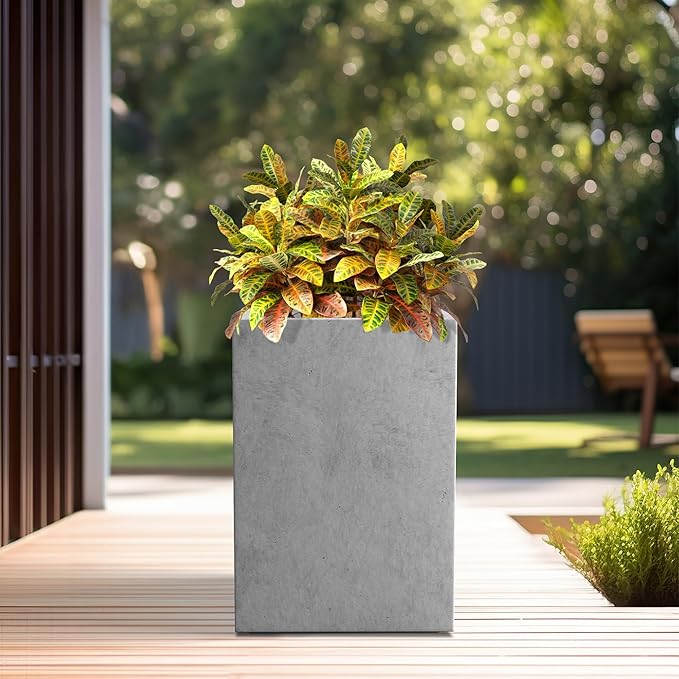 Kante 15.7" H Tall Rectangular Concrete Planters, Outdoor Indoor Lightweight Plant Pots with Drainage Hole and Rubber Plug, Modern Style for Home Garden Patio, Natural Concrete