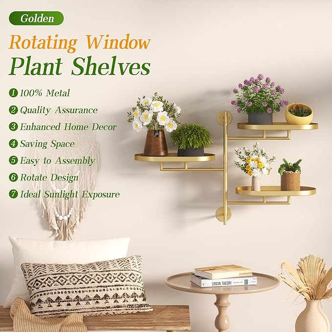 Window Rotating Plant Stand Shelf Indoor Gold Metal Floating Shelves 3-Tier Wall Mount Plant hanger Holders for Wall Planter Modern Home Decor window sill gifts