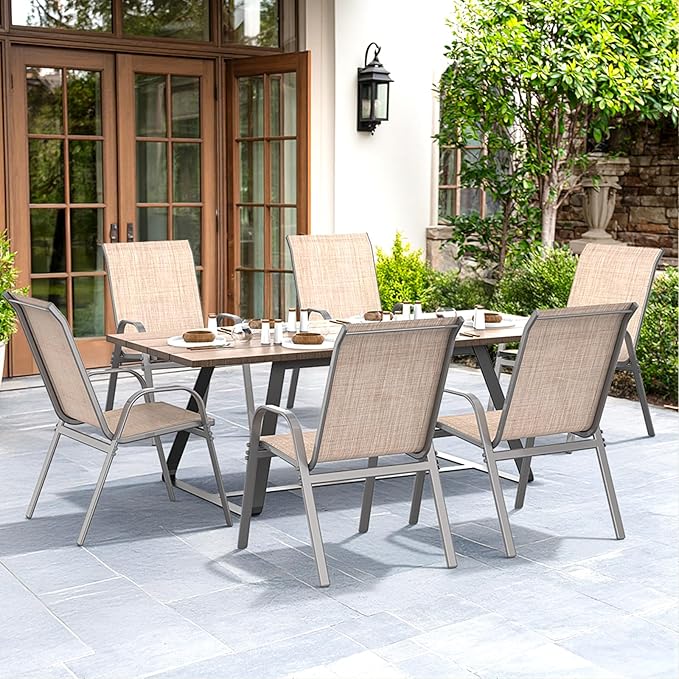 Patio Chairs Set of 6, Easily Set Up Stackable Outdoor Dining Chairs with High Back and Wide Seat, All Weather Breathable Outdoor Chairs Set of 6 with Metal Frame for Backyard Deck Pool, Beige