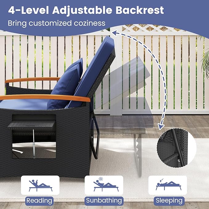 Tangkula Patio Rattan Daybed with 4-Level Adjustable Backrest, Outdoor Wicker Loveseat with Acacia Wood Armrest, Storage Ottoman & Folding Tray, Double Sunbed for Yard & Poolside (Navy & Black)