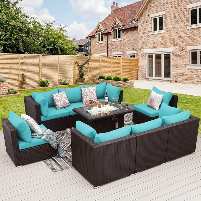 NICESOUL 9 Piece Large Outdoor Patio Furniture Set with Fire Pit Propane/Natural Gas, 29.3'' High Back Comfy Rattan Modular Sectional for 8, Deep Seat Conversation Sets, Brown Rattan and Teal Cushion
