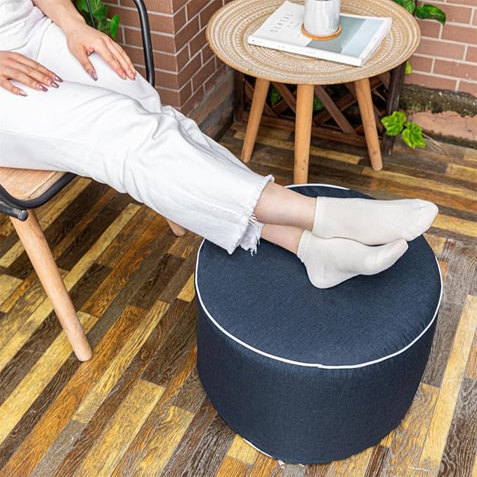 Outdoor Ottoman Outdoor Ottomans for Patio 19x12 Inches Modern Lightweight Foam Stuffed Pouf Outdoor Footstool Footrest Foot Stool Waterproof (Navy Blue)