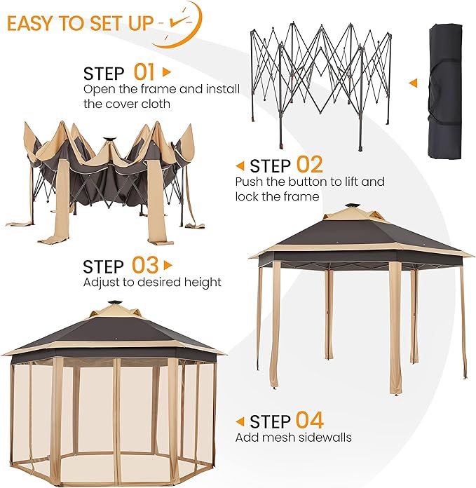 Yaheetech 13×13 Pop-Up Patio Gazebo Tent W/Mesh Netting Sides & 25 Solar LED Lights, Hexagonal Double Vented 3 Height Adjustable Gazebo with Storage Bag for Backyard, Garden, Lawn, Khaki & Brown