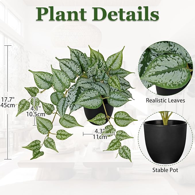 17.7" Artificial Plants Indoor Home Decor, Fake Potted Silk Plants for Shelves, Desks, Living Room, Home & Office Decor, Small Artificial Ivy Vine Plant in Pots, Faux Greenery Tropical House Plant