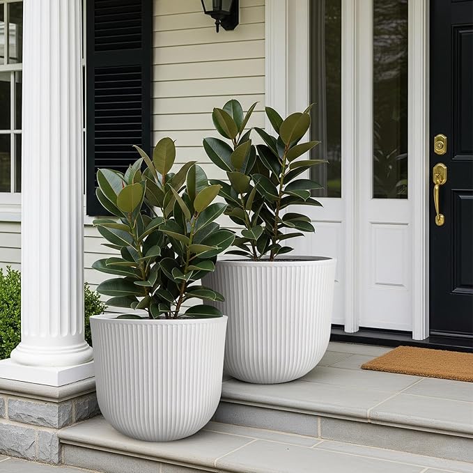 WORTH Garden Round Large Planter Pot Set of 2-17.5" Dia x 15.5" H - Durable Plastic White Plant Tree Pots with Vertical Stripe Textured Finish, Drainage Hole for Indoor, Outdoor, Front Porch, Patio