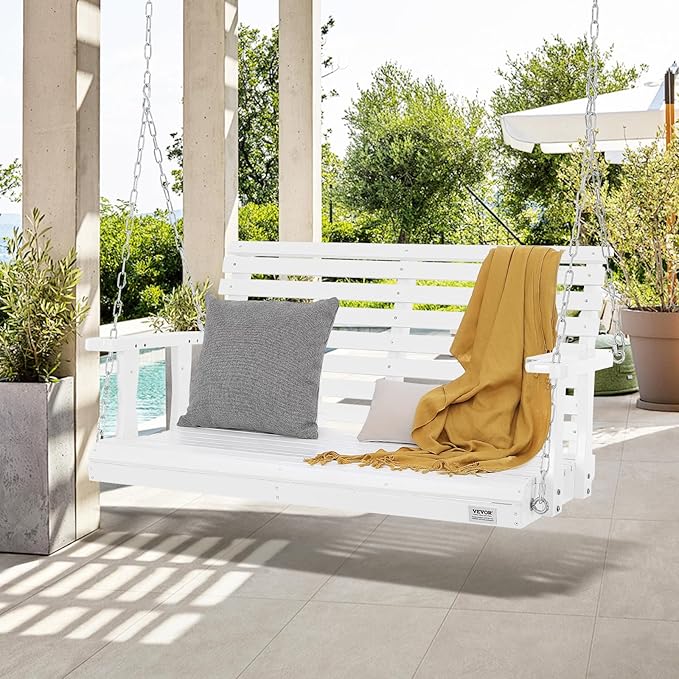 VEVOR Wooden Porch Swing 4 ft, Patio Bench Swing for Courtyard & Garden, Upgraded 880 lbs Strong Load Capacity, Heavy Duty Swing Chair Bench with Hanging Chains for Outdoors, White