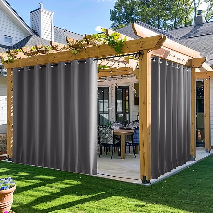 NICETOWN 2 Panels Outdoor Curtains for Patio Waterproof & Windproof, Extra Wide Grommet & Back Tab on Top & Bottom Thermal Insulated Sun Blocking Drapes with Rope for Gazebo, Grey, W100 x L108