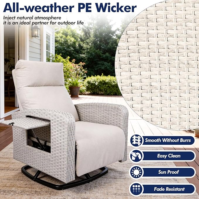Outdoor Recliner Chair Set of 2, Wicker Patio Recliners with Adjustable Backrest and Extended Foot Rest, Reclining Patio Chairs with Flip Table & Removable Cushion Cover for Porch