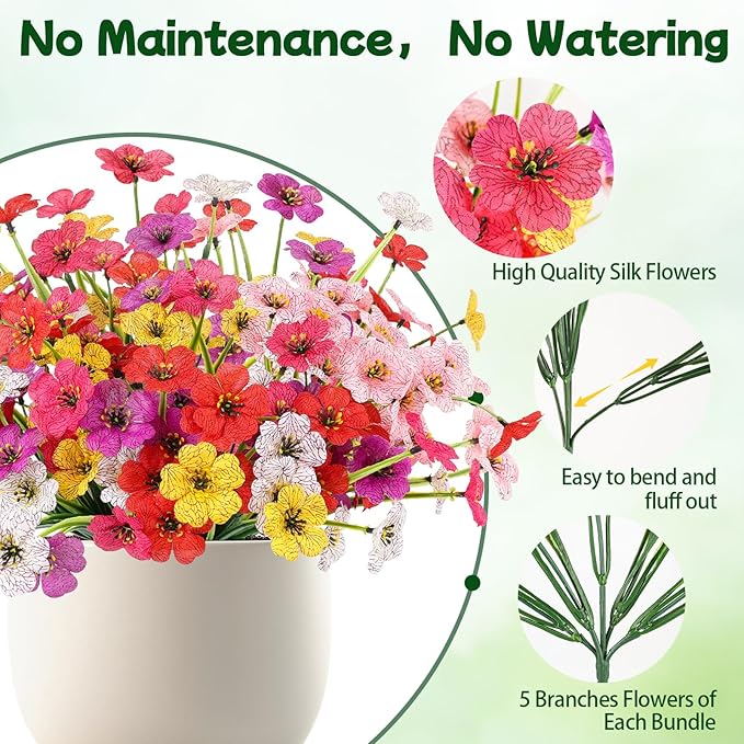 MACTING Artificial Spring Flowers for Outdoors 6 Bundles Fake Flowers UV Resistant Faux Plastic Plants No Fade for Planters Window Box Patio Porch Garden Yard Indoor Outside Decorations(Mix Color-1)