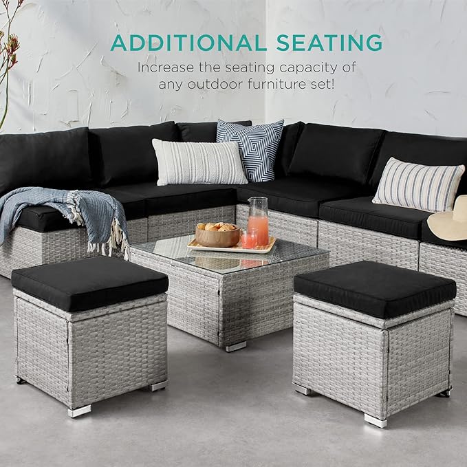 Best Choice Products Set of 2 Wicker Ottomans, Multipurpose Outdoor Furniture for Patio, Backyard, Additional Seating, Footrest, Side Table w/Storage, Removable Cushions - Gray/Black