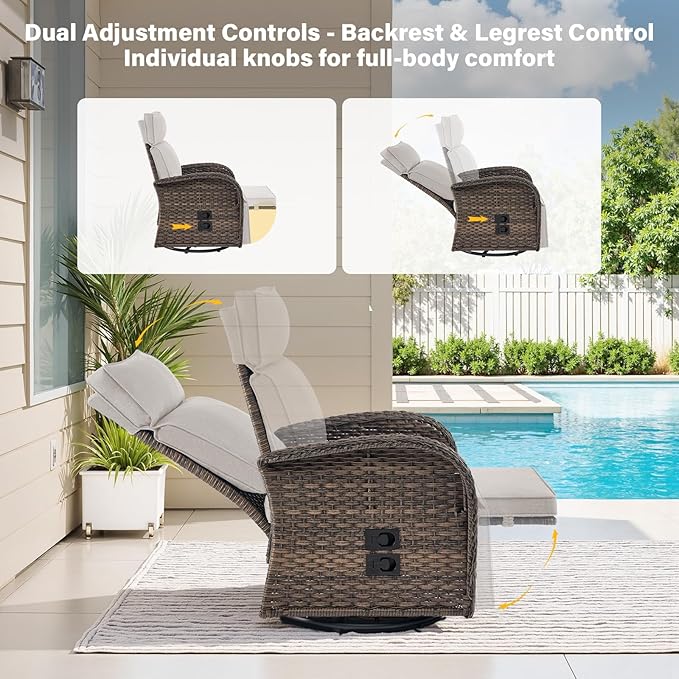 Belord Dual-Adjust Outdoor Swivel Recliner Chair – Reclining Patio Chair with Adjustable Backrest and Footrest, All-Weather Wicker Chaise Lounge Chair Outdoor for Pool Deck Brown (Upgraded 2.0)