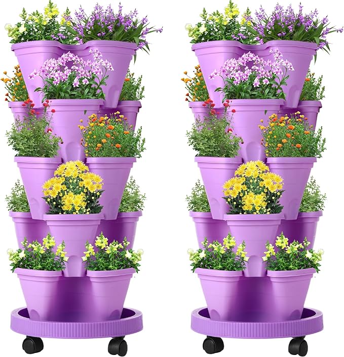 Umigy 2 Set 5 Tier Stackable Planters Vertical Garden Planters for Strawberry Herb Flower and Vegetable Indoor Outdoor Gardening Pots with Removable Wheels and Bottom(Purple)