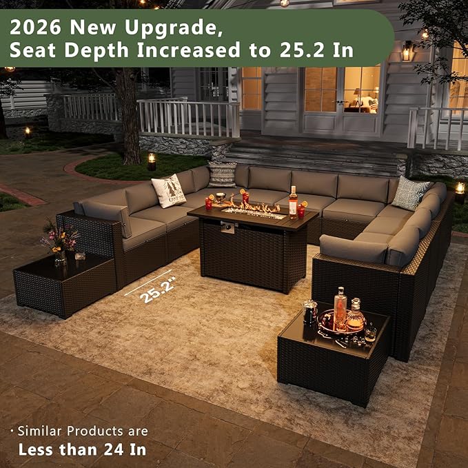 Aoxun 15 Piece Patio Furniture Set with 44” Fire Pit Table Wicker Rattan Patio Sectional Sofa Set Outdoor Seating Furniture with Thickened Cushion, Grey