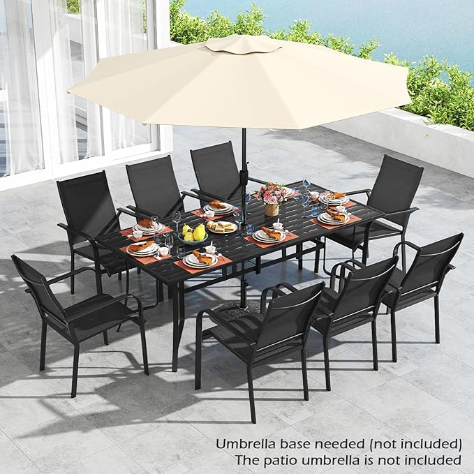 Tangkula 76" x 36" Metal Patio Dining Table for 8, Rectangle Heavy Duty Outdoor Dining Table with Umbrella Hole, 8-Person Outside Dining Furniture for Porch, Garden, Balcony and Backyard