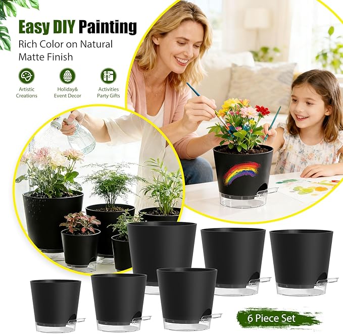 Plant Pots 4/5/5.5/6/6.5/7 Inch Self Watering Pots, 6 Pack Plastic Planters with Drainage Holes and Clear Saucers,Plastic Flower Pots,Nursery Planting Pot for Indoor Out Door Plants(Black)
