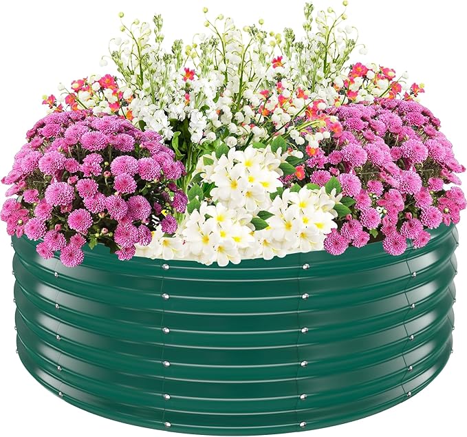 17" Tall Elevated Round Metal Rised Garden Bed- 4'x4' in Size and 0.8MM Thick Durable Planter Box for Vegetables Flowers Succulent at Patio/Garden Outdoor (Dark Green, 4FT Diameter)