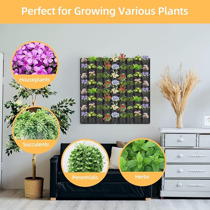 Hanging Planting Grow Bags, 72 Pockets Hanging Vertical Wall Planter Wall Mounted Grow Bag Outdoor Indoor Gardening Vertical Greening Flower Container, Planting Bags Storage Bags(1.0 m × 1.0 m, Black)