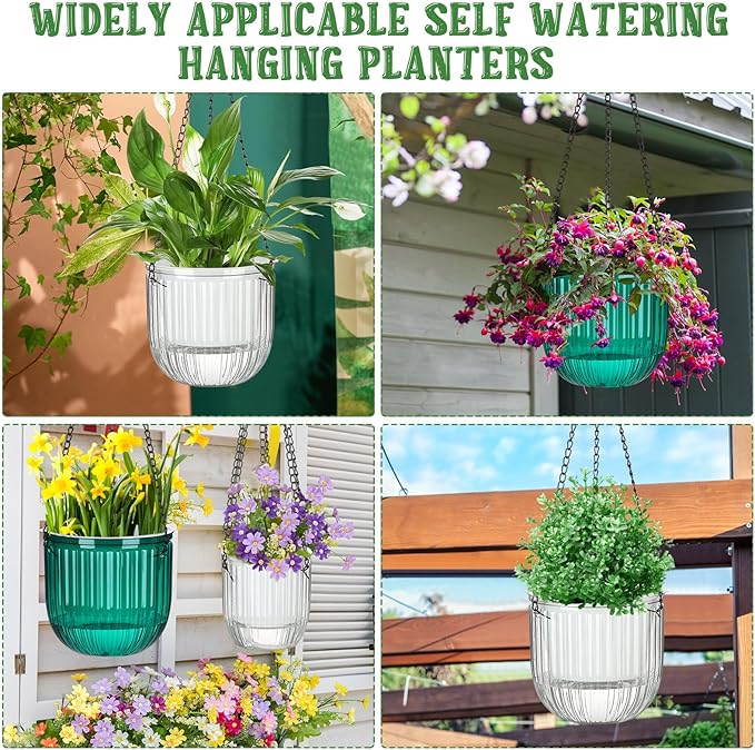 Maxcheck 4 Pcs Self Watering Hanging Planters Indoor Gift 6.5'' 4.5'' Hanging Flower Pots Baskets Outdoor Self Watering Plant with 3hooks Drainage Holes for Home(Emerald,Clear)
