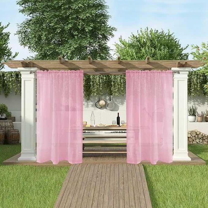 SpaceDresser Waterproof Outdoor Sheer Curtains for Patio - 2 Panels Rod Pocket Indoor Voile Sheer Curtain for Living Room,52W x 96L inch, Light Pink