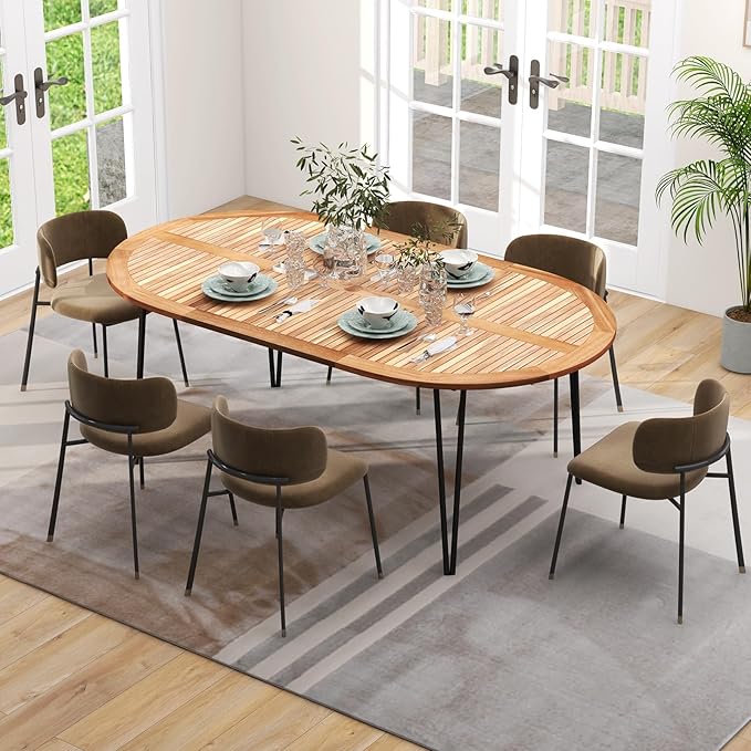 Tangkula 79" Large Patio Dining Table for 6, Acacia Wood 6-Person Dining Table with 2.5" Umbrella Hole & Metal Legs & Adjustable Foot Pads, Oval Outside Table for Garden, Poolside & Backyard