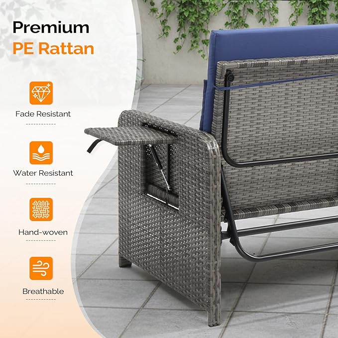 VINGLI Patio Daybed, Wicker Outdoor Daybed with Storage Ottoman & 5-Level Adjustable Backrest, All-Weather Rattan Cushioned Patio Loveseat Sofa for Garden Balcony Backyard (Navy, Gray)