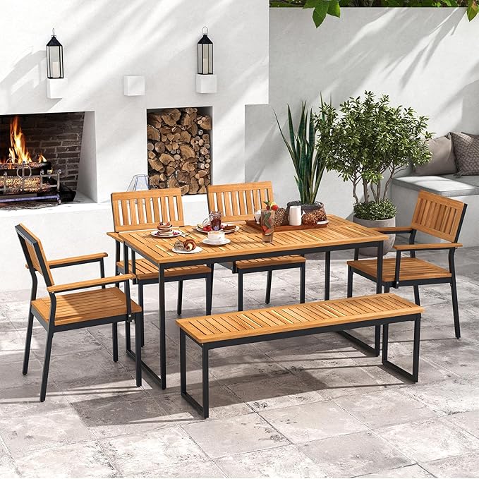 Tangkula 6 Pieces Outdoor Acacia Wood Dining Set, Patio Table and Chairs Set with Bench for 6-7 People, Outdoor Dining Furniture Set with 2" Umbrella Hole for Garden, Backyard and Poolside