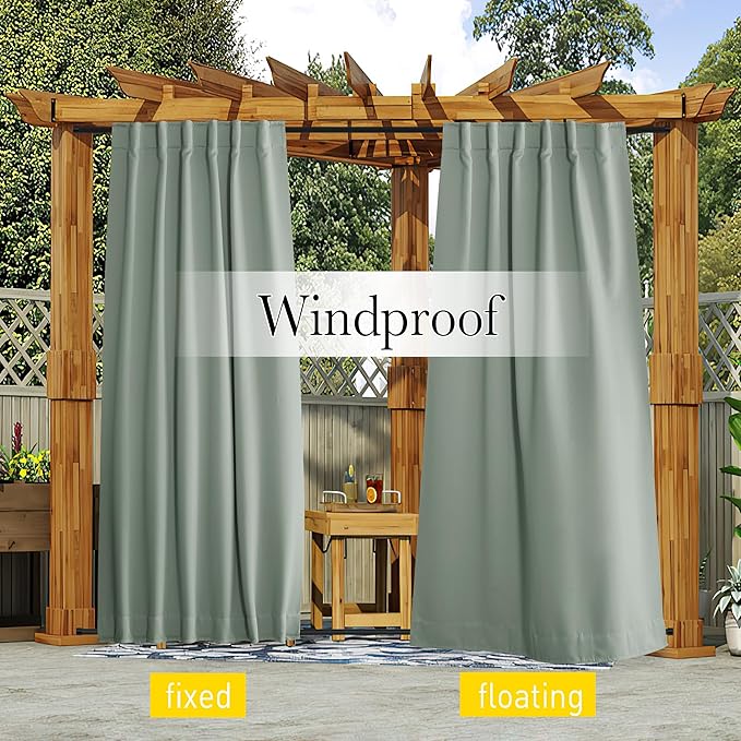 NICETOWN 2 Panels Outdoor Curtains for Patio Waterproof 108 inches Long, Windproof Thermal Insulated Top & Bottom Pocket & Back Tab Blackout Drapes with Rope for Fixed, Sage Green, W52 x L108